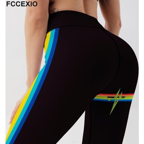 FCCEXIO Seamless Fitness Women Leggings Patchwork Rainbow Stripe Print High Waist Elastic Push Up Ankle Length Polyester Legging