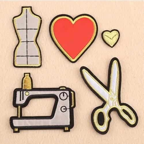 Cool Sewing Machine Tailor Scissors Embroidered Patches Iron On Red Heart Badges Clothing Trimming Appliques for Clothing Coats