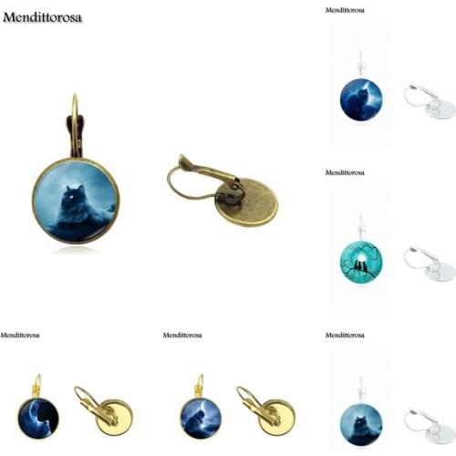 Mendittorosa Blue Moon Black Cat Christmas Jewelry Glass Cabochon Bronze/Silver/Golden Clip Ear Hook Drop Earrings For Wedding