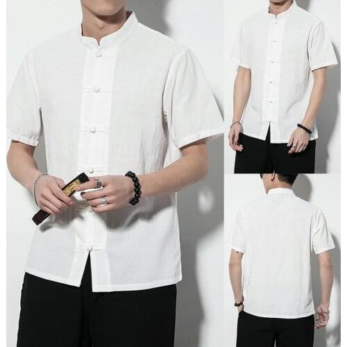 Men Solid Color Stand Collar Short Sleeve Loose Shirt Chinese Style Tang Suit