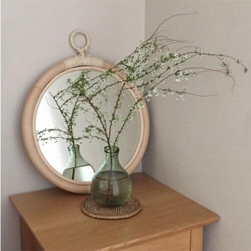 Korean/Japan Style Rattan Natural Wall Mirror Decoration Vintage Handmade Home Hanging Decor Round Make Up Mirrors Ornament Gift