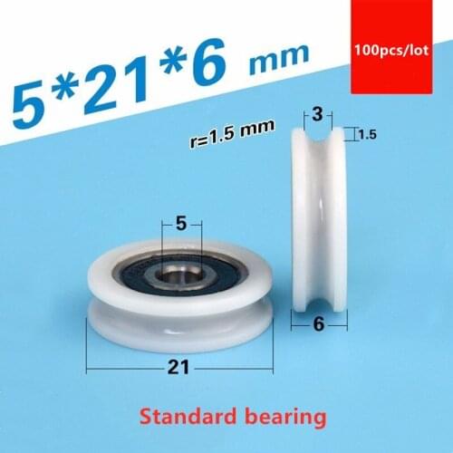 100pcs U groove Plastic coated bearing 625RS 5*21*6mm door window POM roller wheel nylon wrapped pulley sheave Bore 5mm Dia 21mm