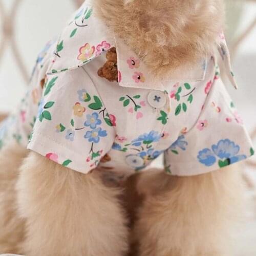 INS wind Korean blue flower bear shirt autumn fresh pocket dog cat shirt pet small dog home clothes