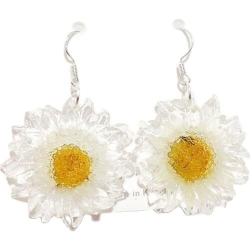 1Pair 925 Silver Natural Dried Flower Earrings White/Yellow/Pink Daisy Transparent Dry Flower Resin Earrings For Women