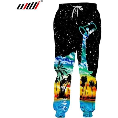 UJWI 3d Print Star Milk Cup Sweatpant Scenic Coconut Tree Hiphop Sweat Pants Fall Winter Elastic Waist Full Length Joggers Pants