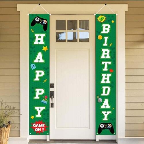 Video Game Happy Birthday Porch Sign Hanging Banners for Indoor Outdoor Home Decoration St. Patricks Day Supplies for Kids Boys