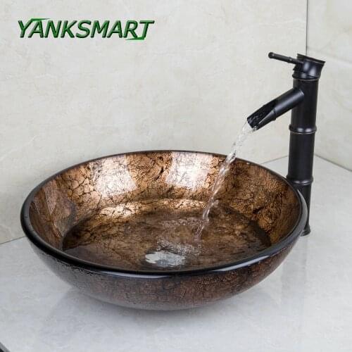 YANKSMART Bathroom Solid Brass ORB Bamboo Faucet Washbasin Lavatory Tempered Glass Sink Bath Combo Tap Mixer Water Faucet Set