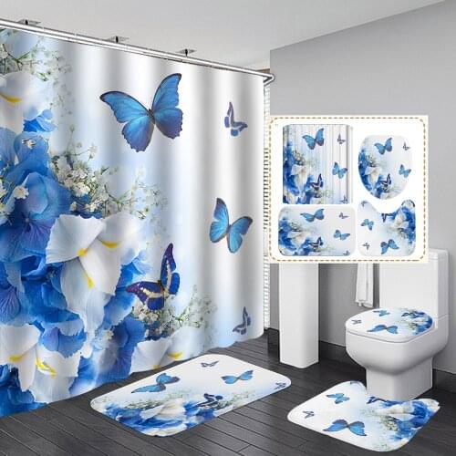 Beautiful Flower Pattern Shower Curtain Waterproof Fabric Blue Butterfly Bathroom Curtains Set Pedestal Rug Lid Toilet Cover Mat