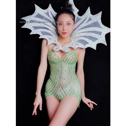 Green rhinstone perspective bodysuit headdress nightclub dj singer jazz stage model catwalk costume gogo celebrate party