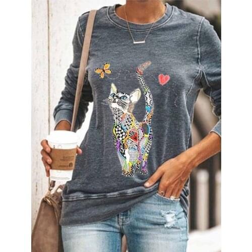 Fashion Cotton Cute Cat Print Women T-Shirt Long Sleeve Round Neck Pullover Tops Casual All-Match Novel Tee Shirts Lady Blusas