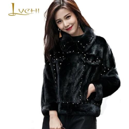LVCHI Winter New 2019 Imported Mink Coat Womens Natural Fur Coat Mink Coat Slim O-Neck Beading Cool Lady Short Mink Fur Coats