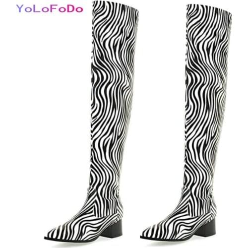 2021 Autumn Winter Over the Knee Boots Zebra Pattern Faux Leather High Quality Thigh Boots Square Heel Pointed Toe Womans Shoes