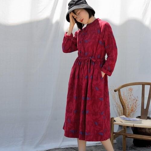 SCUWLINEN 2020 Women Spring Autumn Dresses Vintage Jacquard Drawstring Loose A-line Long Linen Cotton Dresses Vestidos S953