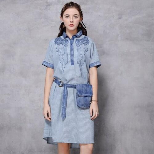 Original womens 2020 summer new cotton stripe loose large dress retro embroidery a82212