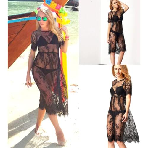 Womens Sexy Perspective Lace Halter Short Sleeve Beach Dress Swimsuit Cover Up Sheer Lace Backless Beach Dress