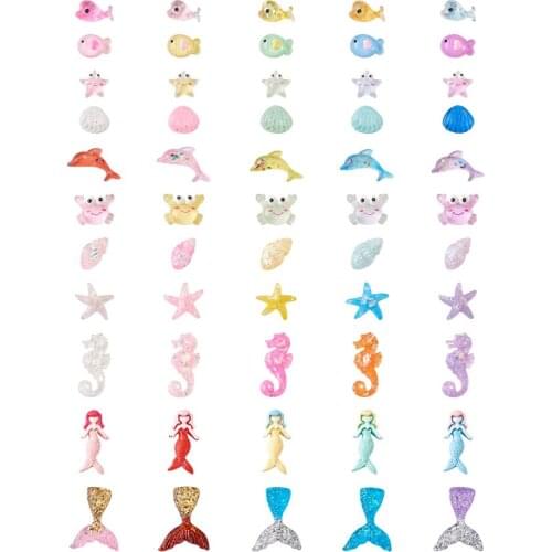 110Pcs Ocean Theme Flatback Resin Cabochon Whale Dolphin Mermaid Crab Fish No Hole Beads for DIY Scrapbooking Jewelry Making