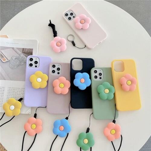 3D cute flower holder stand lanyard soft phone case for iphone 12 Pro Max X XS XR 11 Pro 7 8 plus Necklace Shoulder Strap cover