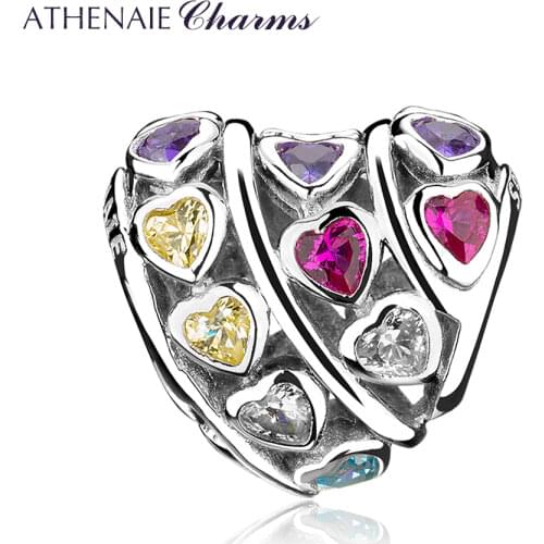 ATHENAIE 925 Sterling Silver Mixed CZ Multi-Color Hearts Love Charms Beads For Women DIY Bracelets Fit Valentines Day Rose Red