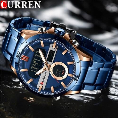 CURREN Sport Men Watch Top Brand Luxury Military Business LED Male Clock Blue Stainless Steel Quartz Digital Man Wristwatch 8384