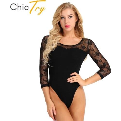 ChicTry Women Lace Sleeves Unlined Ballet Leotard Adult Soft Professional Gymnastics Leotard Bodysuit Practice Stage Dance Wear