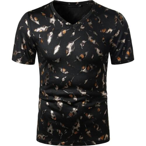 Feather Gold Print T Shirt For Men Shrot Sleeve V Neck Mens T Shirts Hip Hop Hipster Streetwear Casual Party Prom Club Clothing