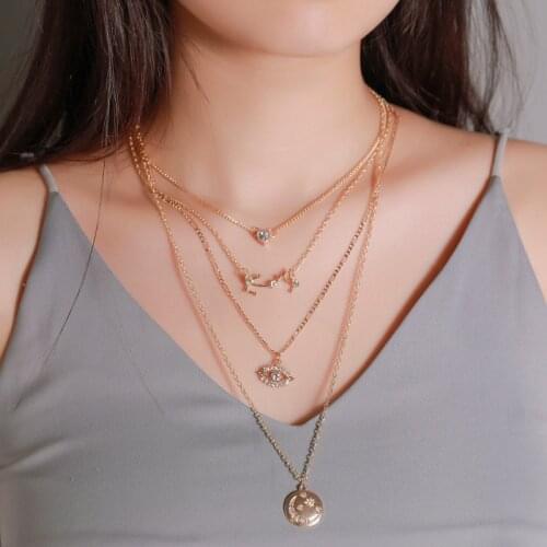 ABDOABDO Fashion Layered Necklace Stainless Steel Moon Pendant Necklace Collier Love Zircon Eyes 4 Layers Necklace Women