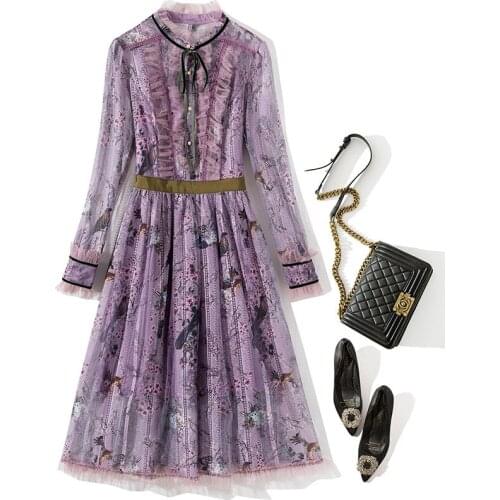 L4987 2020 autumn new print ear collar lace stitching mesh fairy mid length dress