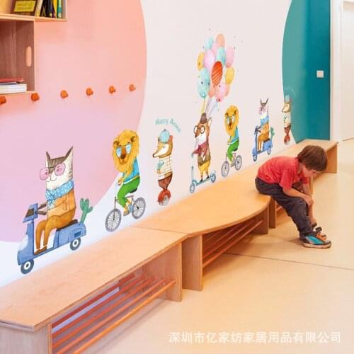 Hot Kindergarten Wall Decor Wall Sticker Cartoon Small Animal Ride A Bike Self-adhesive Painting Childrens Room Wall Layout