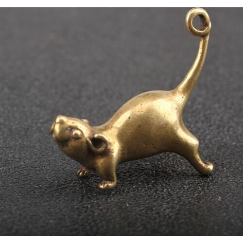 Mini Brass Cute Rat Statue Pocket Animal Mouse Figure Sculpture Key Chain Ornament Home Office Desk Car Decorative Ornament