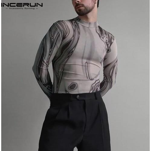 Autumn Fashion Men T Shirt Printing Round Neck Long Sleeve Fitness Casual Undershirt 2021 Streetwear Men Clothing INCERUN 5XL 7