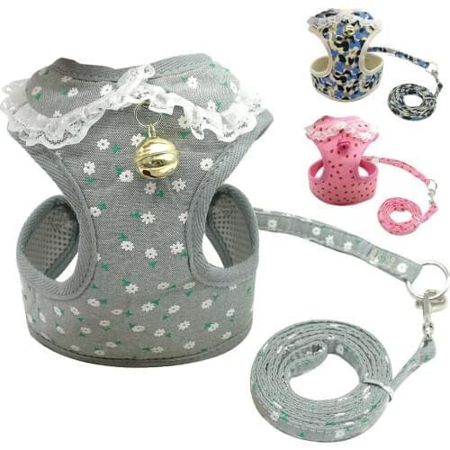 Soft mesh pet puppy dog cat chain traction rope set with bells cute lace pet vest