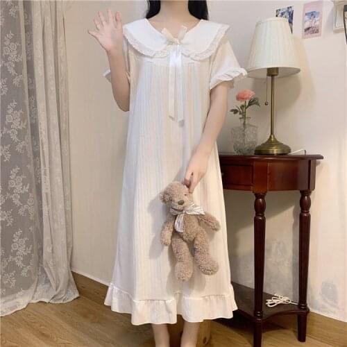 Japanese Style New Peter Pan Collar Short Sleeve Princess Style Long Dress Homewear Pajamas Womens Spring and Summer Thin