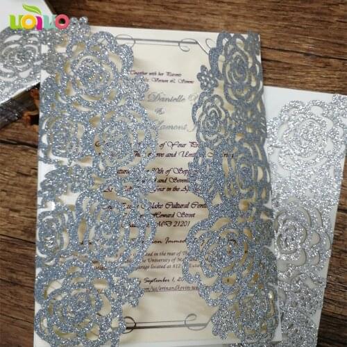 Luxury lace silver wedding invitations delicate design new glitter paper rose birthday invitation card wedding card