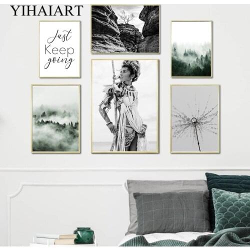 Scandinavian Landscape Canvas Painting Fog Forest Mountain Art Poster and Print Boho Girl Wall Picture Nordic Modern Home Decor