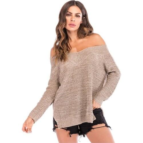Sweater Pullover Slash Neck Off Shoulder Personality Solid Autumn Winter 2021 Long Sleeve Knitted Tops Casual Ladies Pullovers
