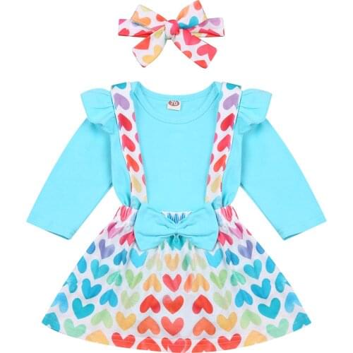 Spring Autumn Valentines Day Toddler Baby Girl Set Blue Ruffled Long Sleeve Bodysuit+Hearts Print Suspender Skirt+Bow