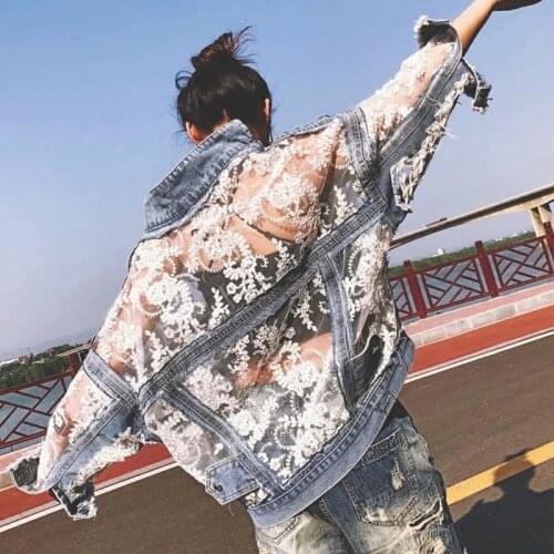 Spring Fashion Streetwear Lace Patchwork Denim Jacket Women Embroidery 2021 Summer Patchwork Loose Jean Coat Female NZY135