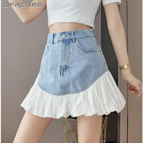 Black Streetwear Patchwork Denim Short Skirt For Women 2021 High Waist Summer Ladies Jeans Mini Skirts Ruffles Female