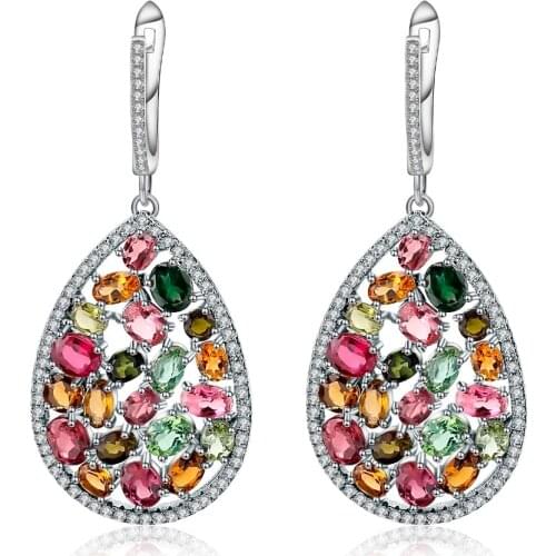 Gems Ballet 925 Sterling Silver Earrings 10.95Ct Colorful Natural Tourmaline Gemstone Drop Earrings For Women Fine Jewelry