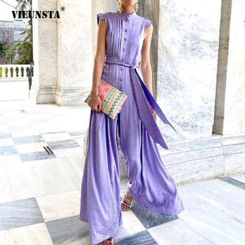 2021 Summer Chiffon Splicing High-End Trend Bandage Sleeveless Loose Wide Legs Rompers Solid Color Sleeveless Womens Clothing
