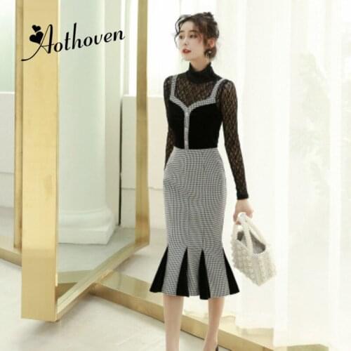 2 Piece Set Women Suit 2020 Autumn Long Sleeve Black Lace Tops Shirts Blouse and Plaid Overalls Mermaid Dress Crop Vestidos