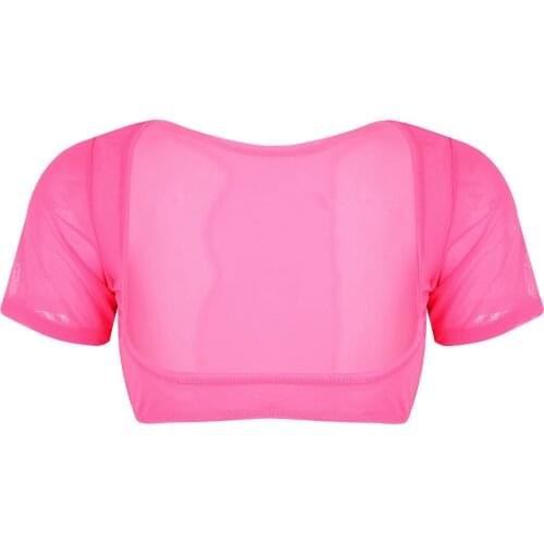 Women See-through Sheer Top Tank Erotic Sexy Lingerie Soft Mesh Transparent Open Bust Short Sleeve Crop Top Belly Dance Clubwear