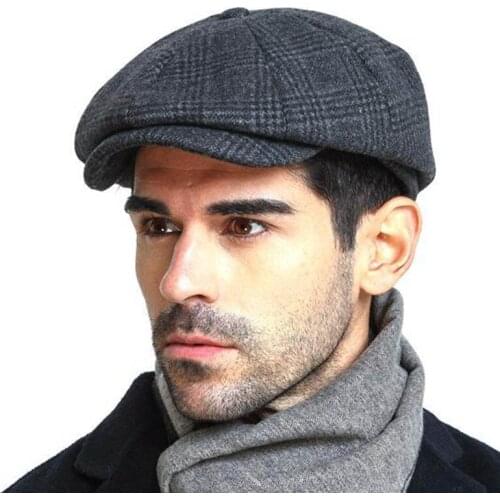 Fibonacci Winter Caps For Men Wool Blend Newsboy Cap Women 8 Panel Patchwork Herrinbone Driver Hat High Quality Gray Plaid Beret