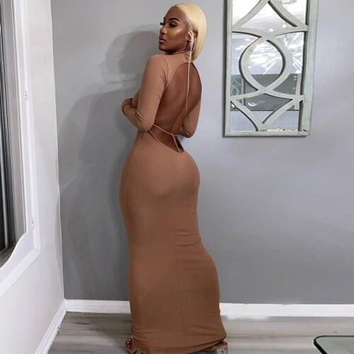 2020 Long Sleeve Solid Backless Skinny Ribbed Maxi Dress Autumn Winter Women Fashion Sexy Party Club Outfits