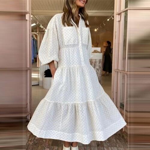 2021 Summer Dress Fashion Designer Women White Long Sleeve Hollow Out Belt Elegant Dresses