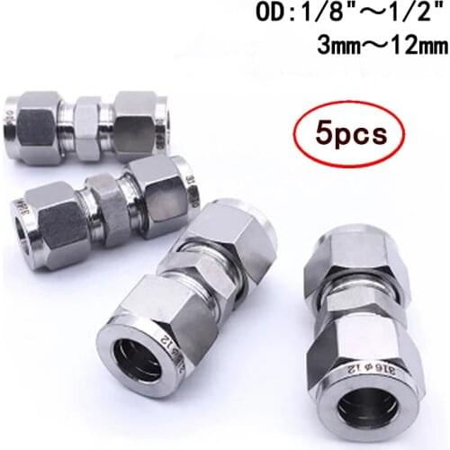 5Pcs Stainless Steel 304 Double Two Ferrule Tube Fitting Connector 3 4 6 8 10 12mm 1/8" 1/4" 3/8" 1/2" OD Pipe Bite Type Fitting