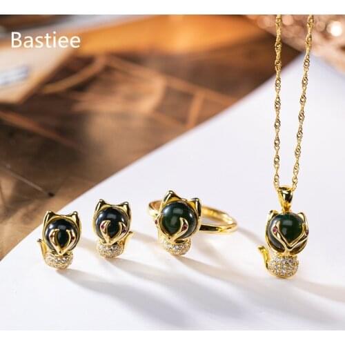 Bastiee Luxury Fox Silver 925 Jewelry Set For Women Rings Necklace Pendant Stud Earring Gold Plated Banquet Mexican Amber
