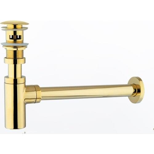 Free shipping Brass Gold plated Bottle Tap Basin Waste Drainer, Basin Mixer P-Trap Waste Pipe With Pop-up Drainer