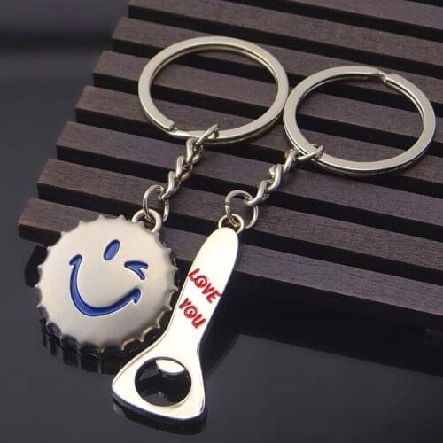 FREE SHIPPING by FEDEX 100pairs/lot Hot Metal Bottle Cap And Bottle Opener Keychains Metal Couple Keyrings for Lovers Gifts