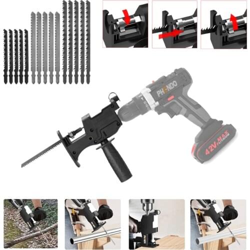 PHENDO Cordless Reciprocating Saw Adapter Hand Tool Saw Metal Wood PVC Cutter Tool Electric Drill Attachment With Blades